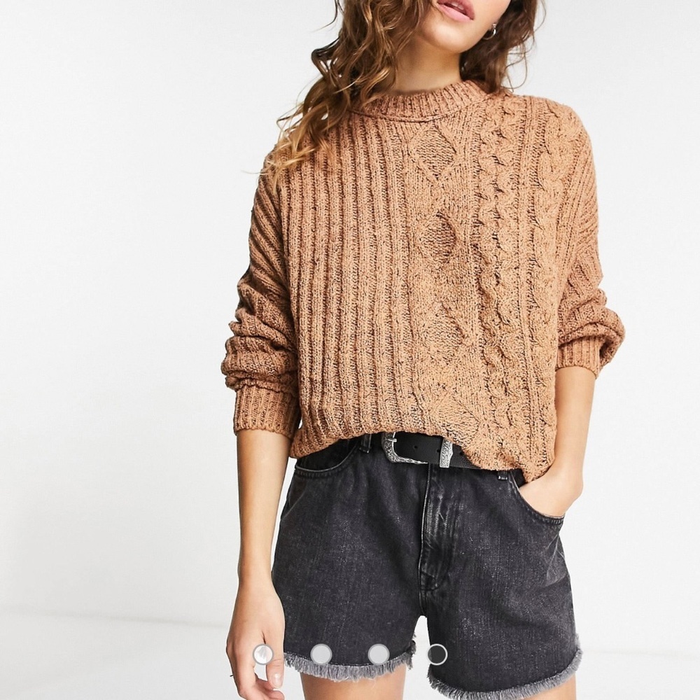 FREE PEOPLE On Your Side Brown Sugar Crop Pullover Ribbed Cable Knit Sweater XL